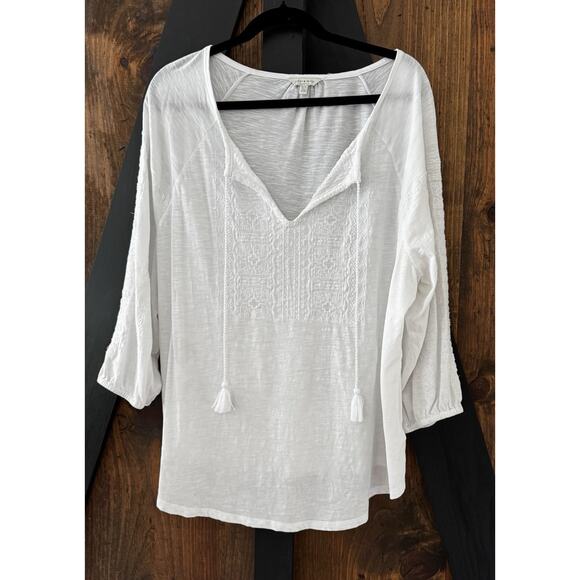 Lucky Brand Women’s 1X White Embroidered Boho Peasant Blouse Tassel Top - Picture 1 of 9